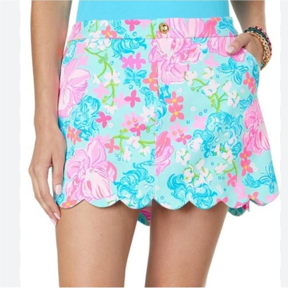 Lilly Pulitzer Aqua Floral Scallop Hem Skort - Pink, Aqua, Green